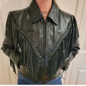 First Genuine  Black Leather Fringe Vintage Motorcycle Biker Jacket Women Sz 8/S